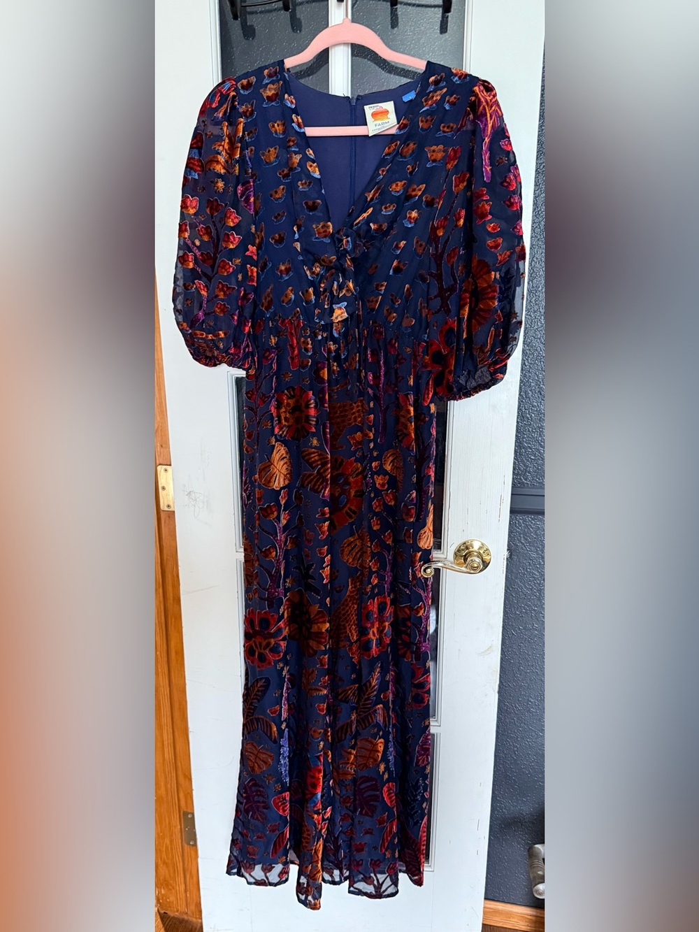 FARM Rio Navy Jumpsuit with Rust and Red Floral Velvet Burnout
